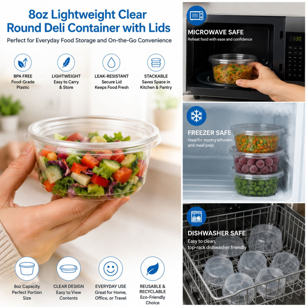 *WHOLESALE* 8oz Lightweight Deli Containers with Lids Disposable Plastic 500/case