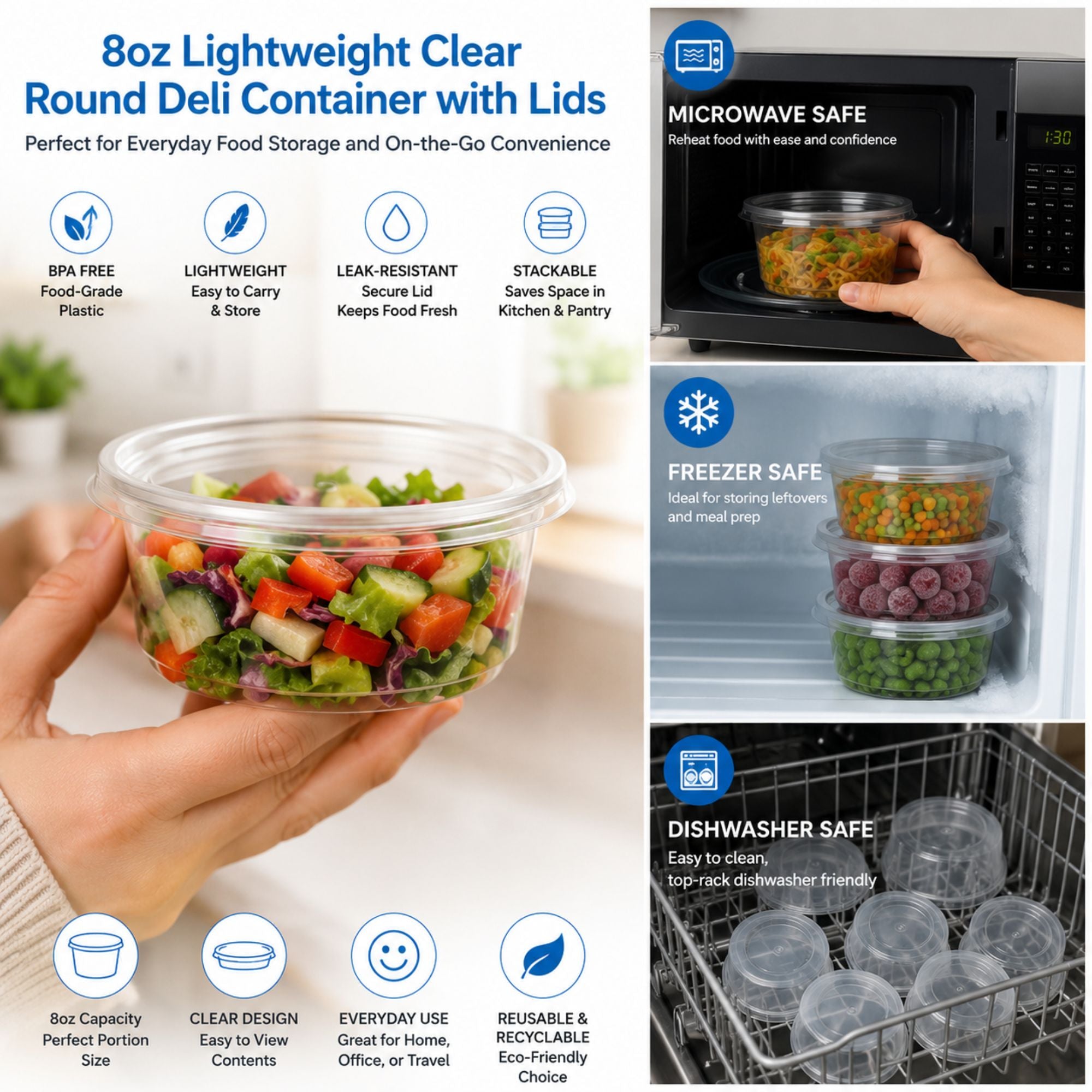 *BUY BULK* 8oz Lightweight Clear Plastic Round Deli Container with Lids
