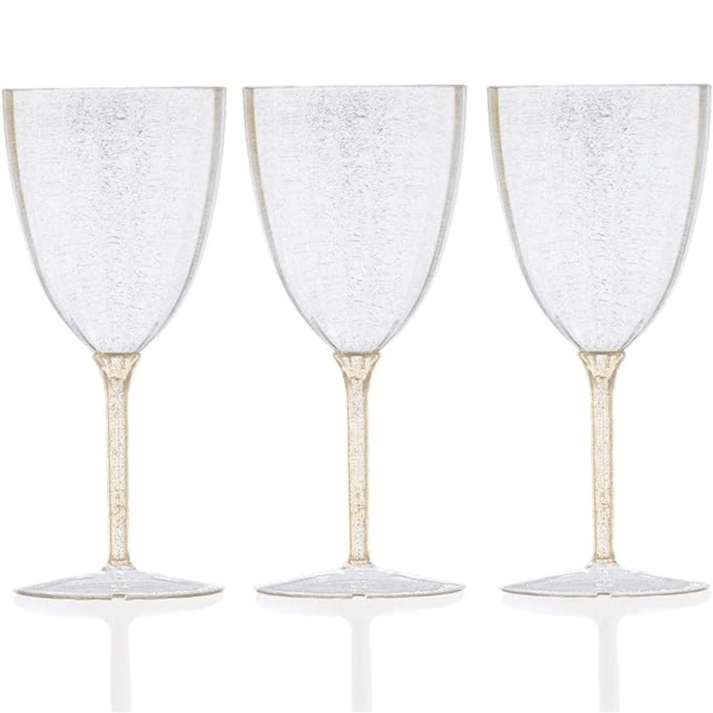 7 oz Gold Glitter Disposable Plastic Wine Glasses Goblet 8 Pack