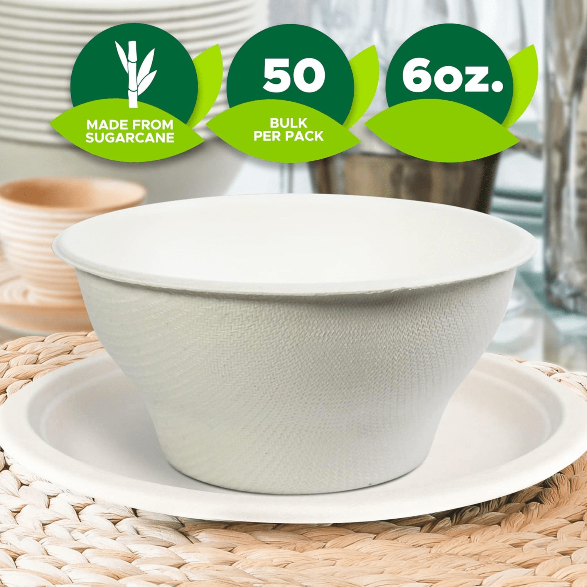 Eco 6oz Biodegradable Compostable Bowls: 50 Pack