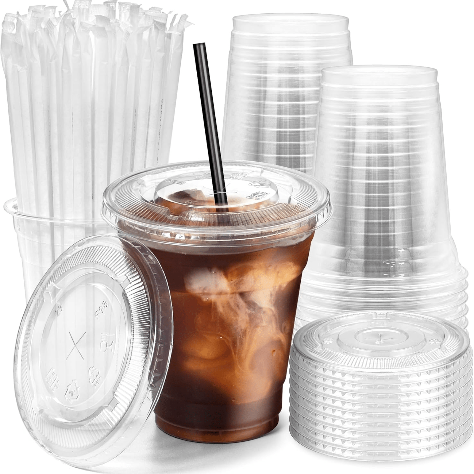 12oz Plastic Clear PET Cups With Flat Lid & Straw, for All Kinds of Beverages