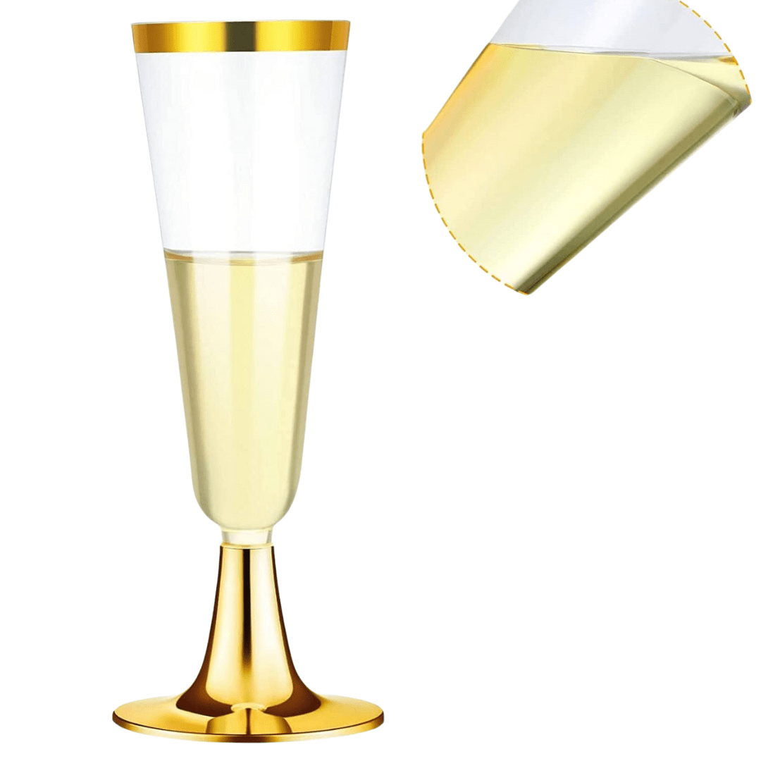 4.5oz Champagne Flutes With Gold Rim Plastic Disposable