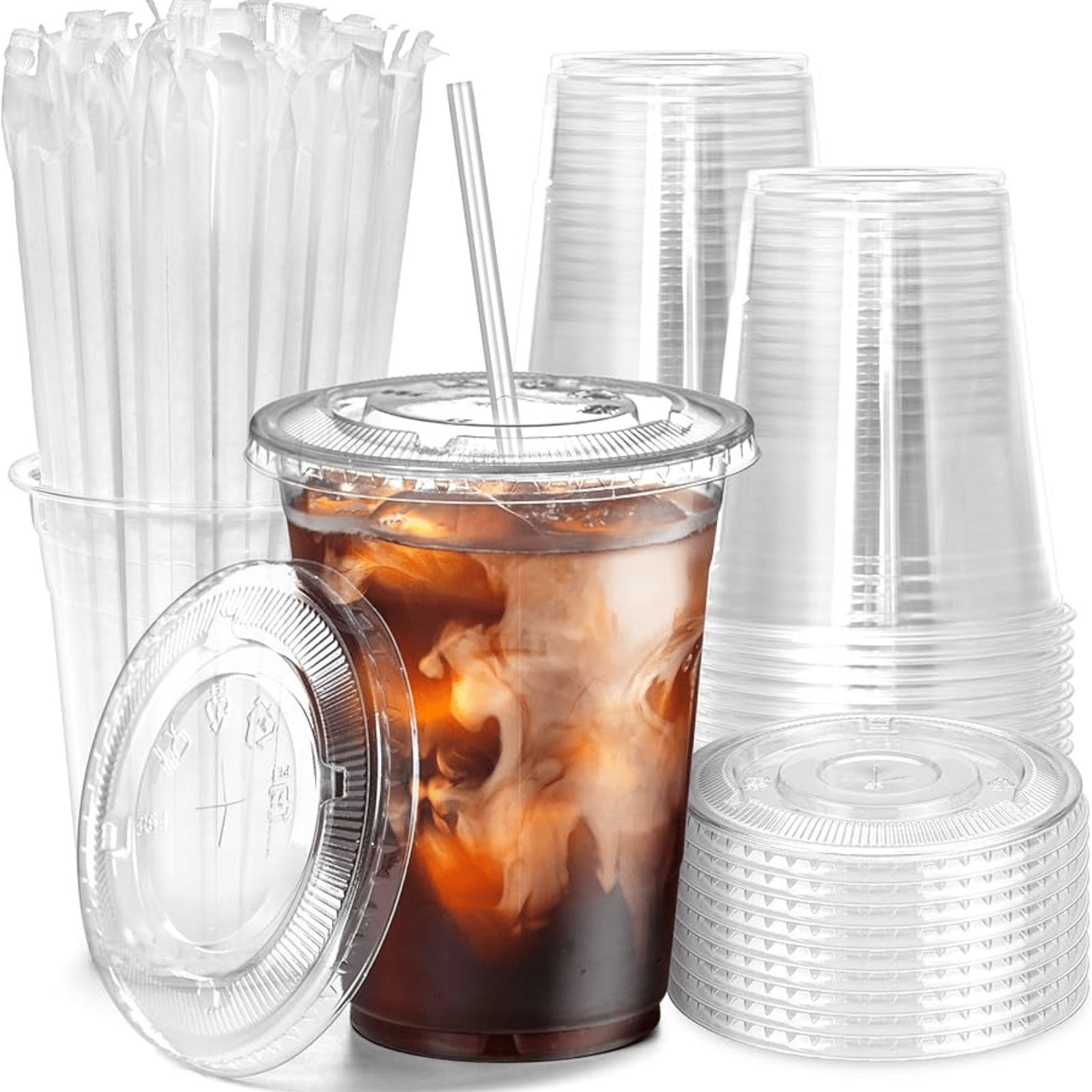 16oz  Clear PET Cups With Flat Lid & Straw, for All Kinds of Beverages  Plastic