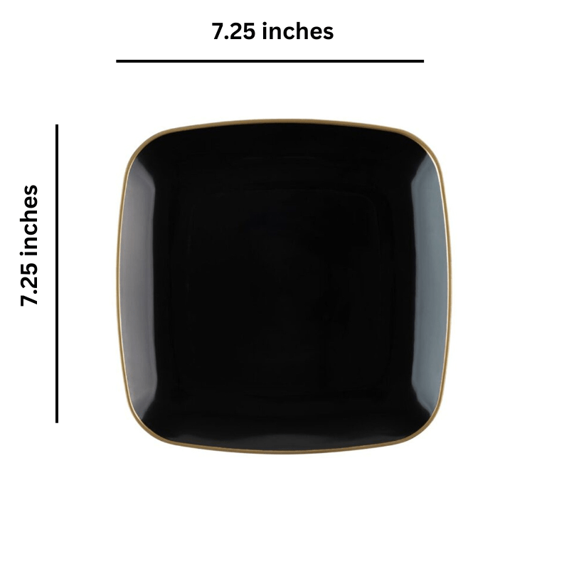 Organic 7.25" Black with Gold Rim Square Plastic Disposable  Dessert Plate