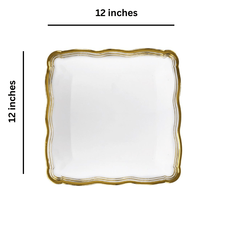Aristocrat 12”x12” White & Gold Square Serving Trays Plastic 2 Pack