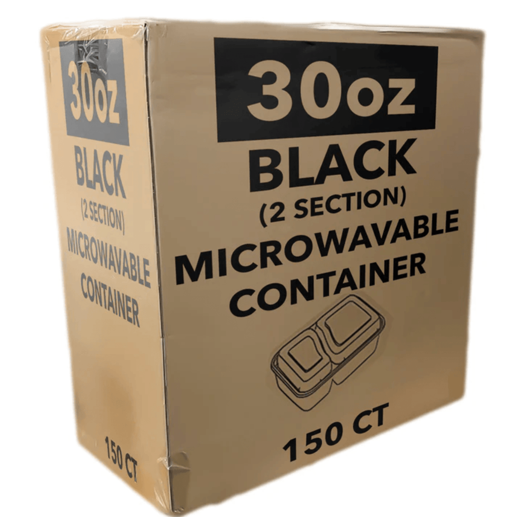 *WHOLESALE* 30oz Plastic Black Rectangular 2 Compartment Containers w/ lids 150/Case