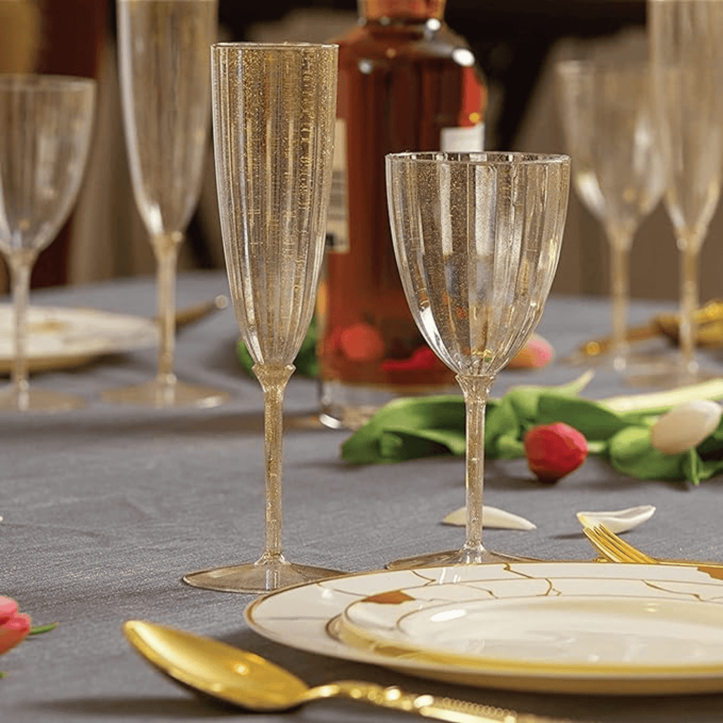 7 oz Gold Glitter Disposable Plastic Wine Glasses Goblet 8 Pack