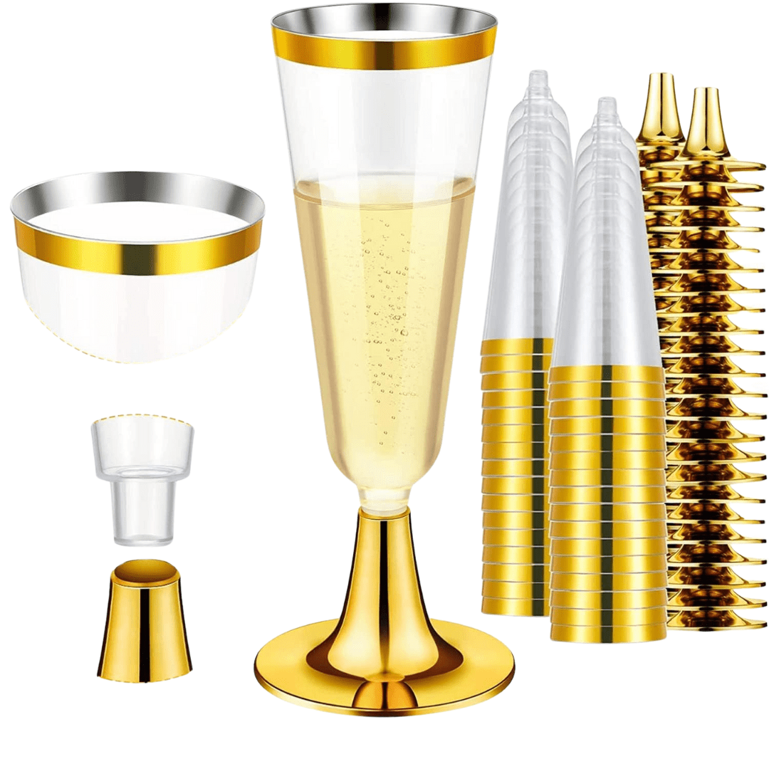 4.5oz Champagne Flutes With Gold Rim Plastic Disposable