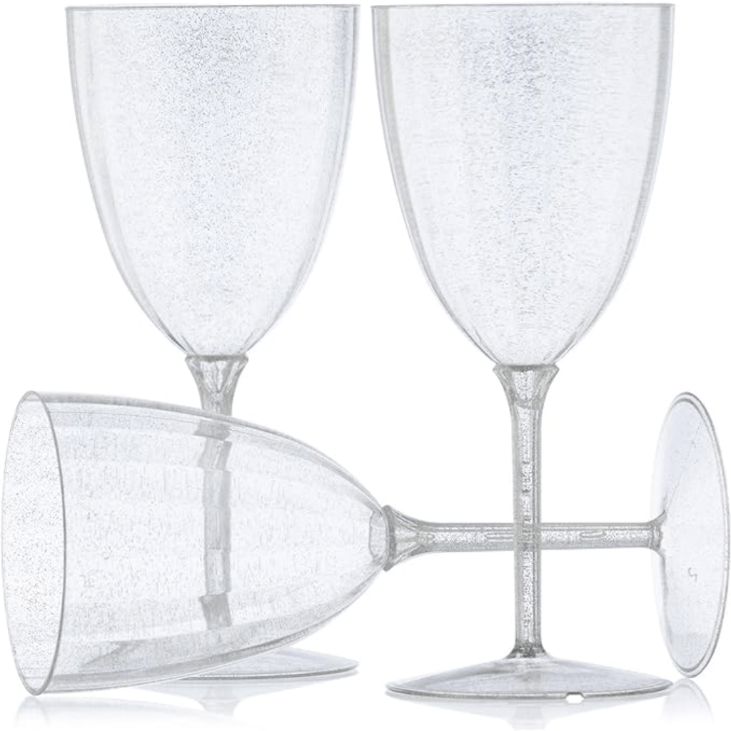 7 oz Silver Glitter Disposable Plastic Wine Glasses Goblet 8 Pack