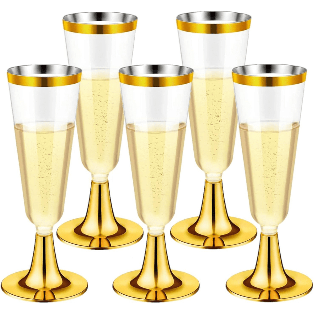 4.5oz Champagne Flutes With Gold Rim Plastic Disposable