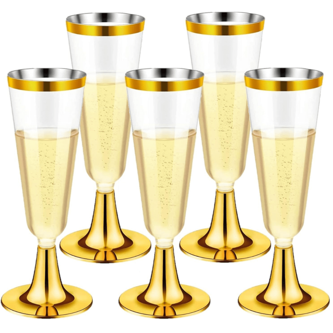 4.5oz Champagne Flutes With Gold Rim Plastic Disposable