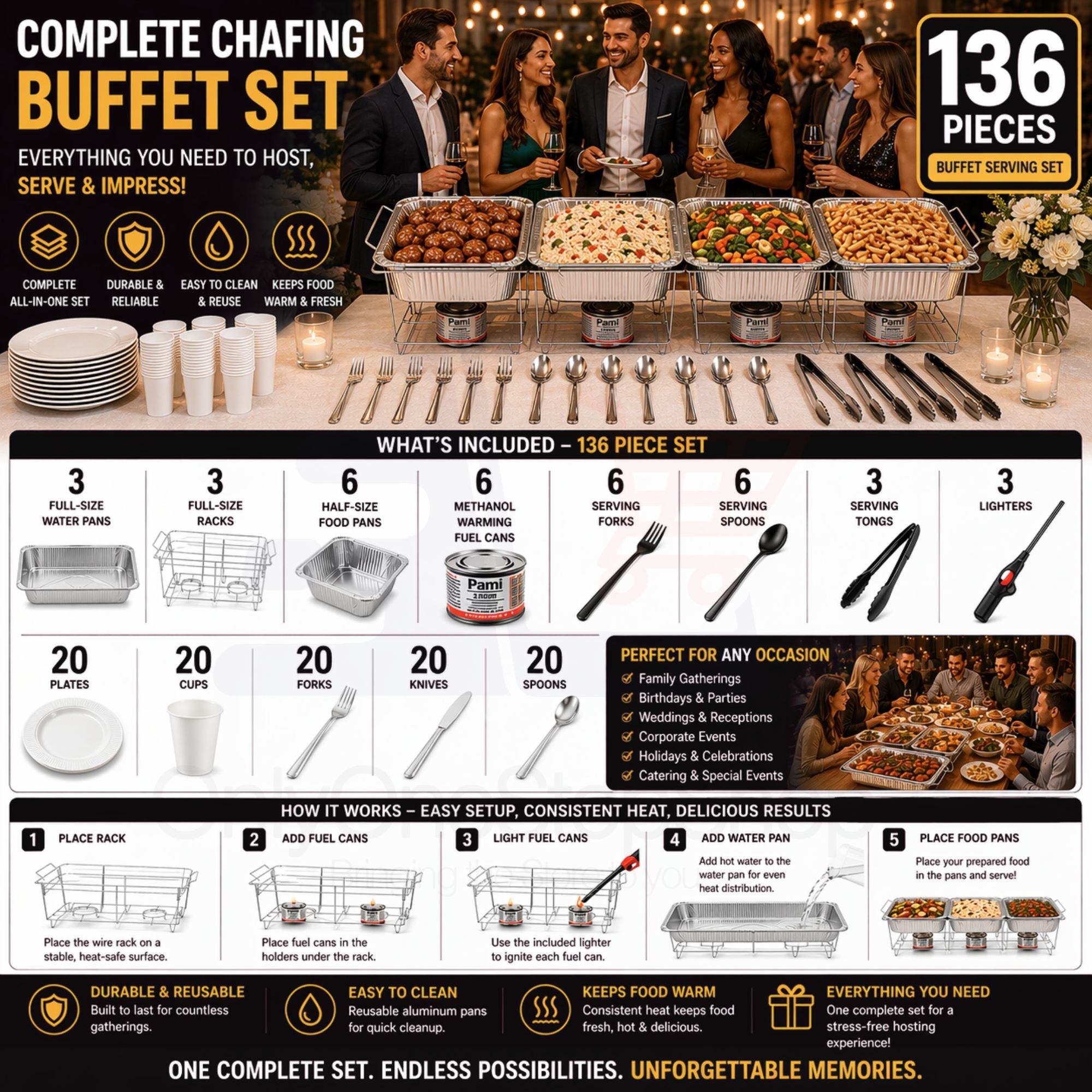 136 Piece Chafing Dish Buffet Aluminum Disposable