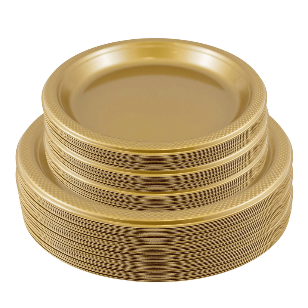 GOLD Complete Plastic Disposable Dining Solution for Your Event: Budget Party Set