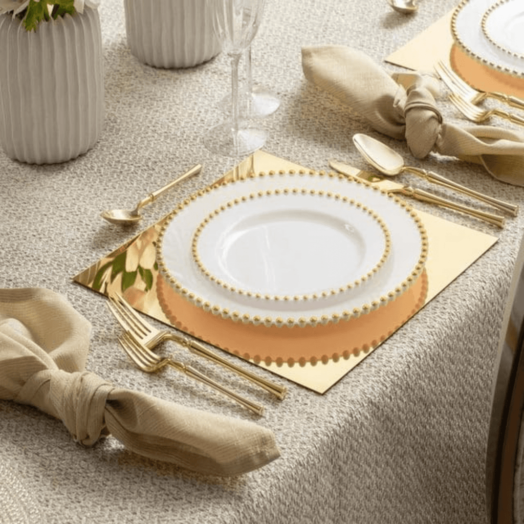 Beaded 10.25" White & Gold  EXTRA HEAVY Weight Plastic Dinner Plates