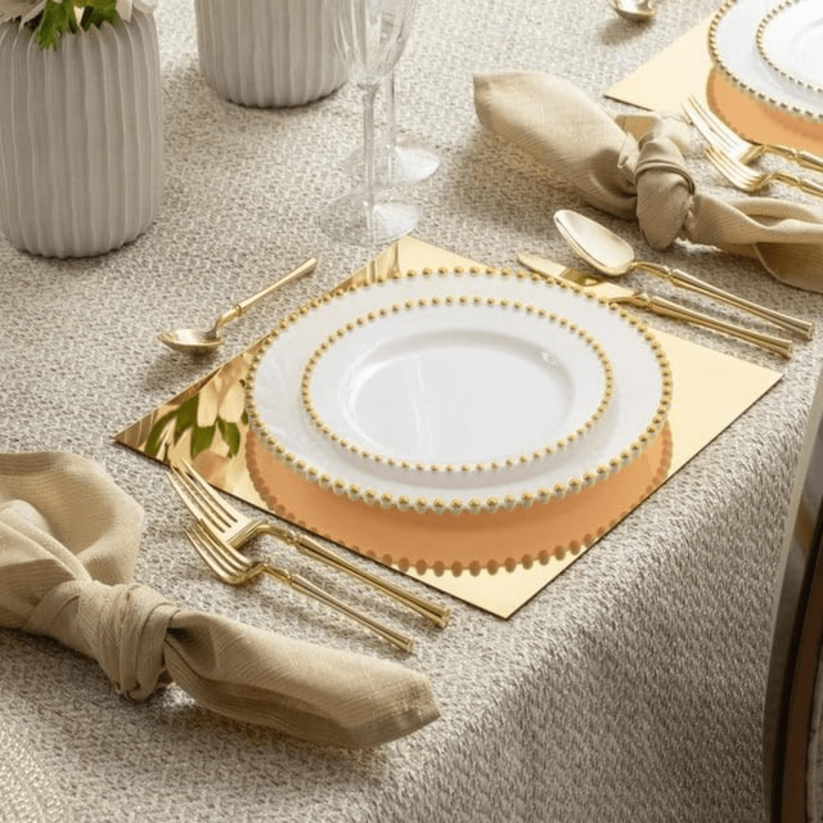 Beaded 10.25" White & Gold  EXTRA HEAVY Weight Plastic Dinner Plates