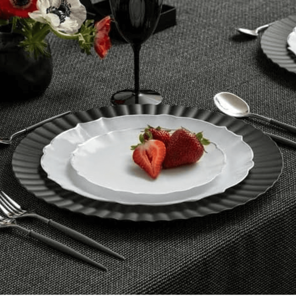 Luxe 10.25" White With Silver Rim Plastic Disposable Dinner Plates 10 Pack