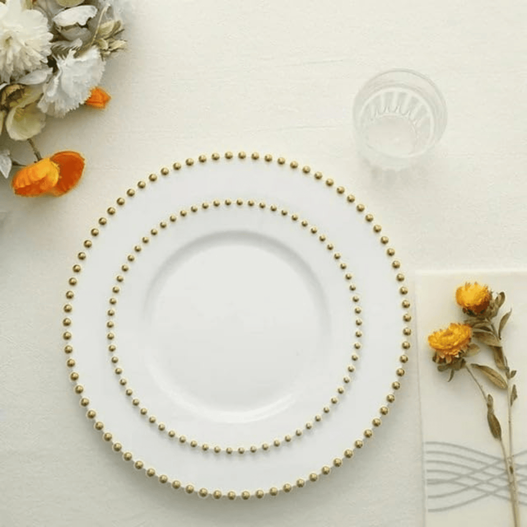 Beaded 10.25" White & Gold  EXTRA HEAVY Weight Plastic Dinner Plates