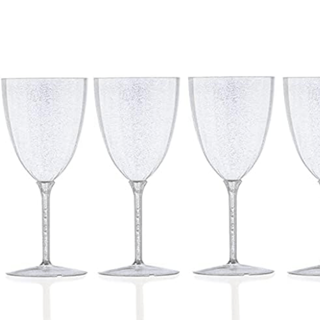 7 oz Silver Glitter Disposable Plastic Wine Glasses Goblet 8 Pack