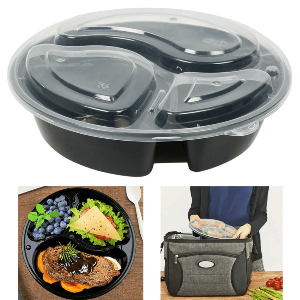*BUY BULK* 48oz Meal Prep Round 3 Compartment with Lids Food Storage Containers Plastic