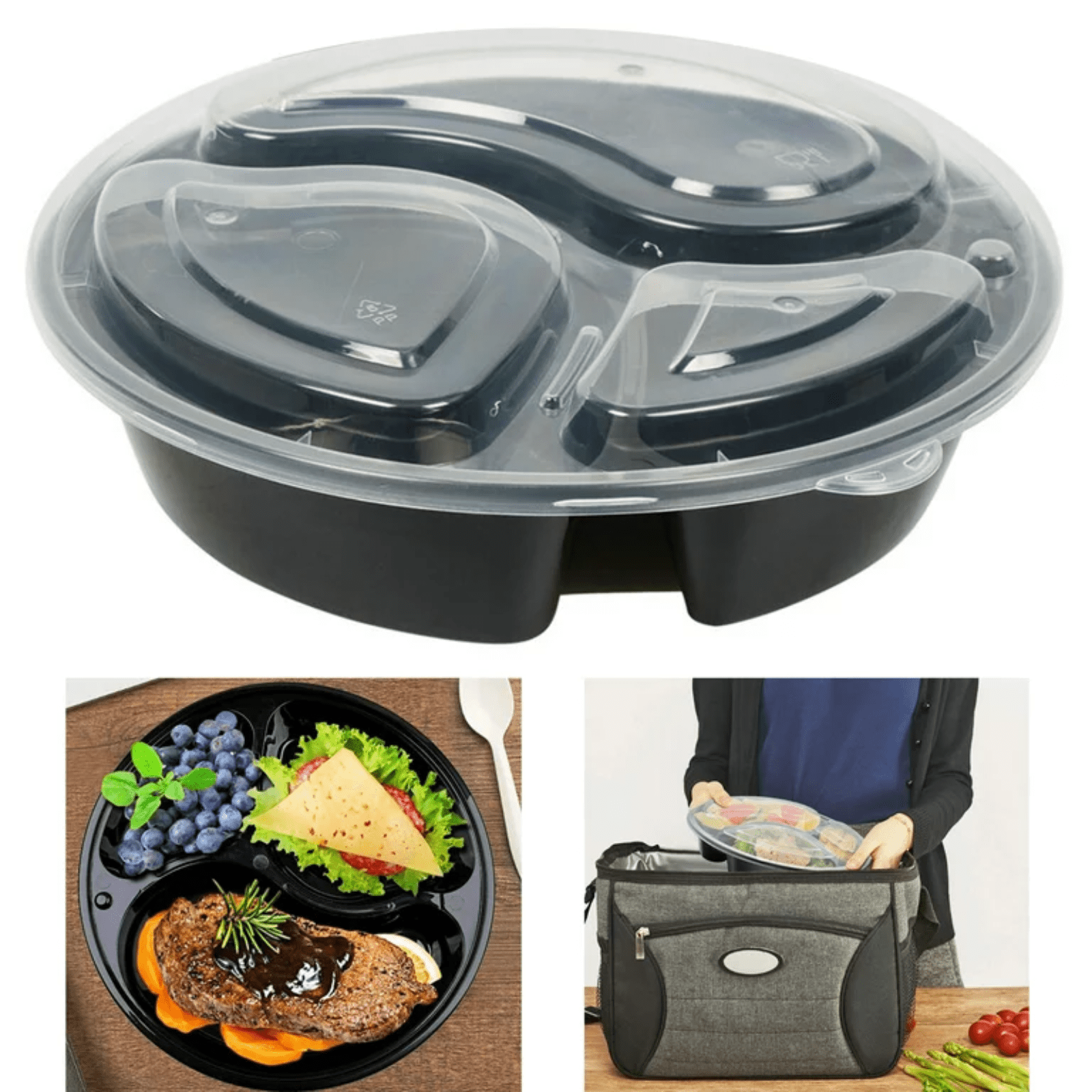 *BUY BULK* 48oz Meal Prep Round 3 Compartment with Lids Food Storage Containers Plastic