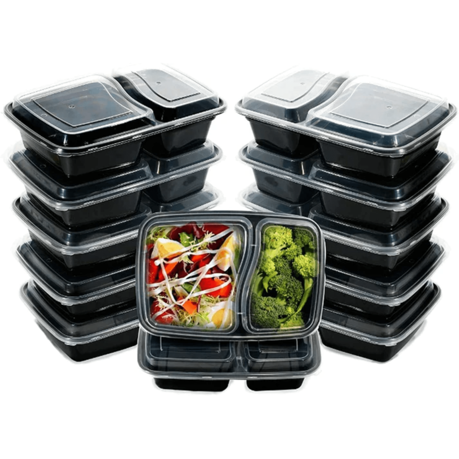 *WHOLESALE* 30oz Plastic Black Rectangular 2 Compartment Containers w/ lids 150/Case