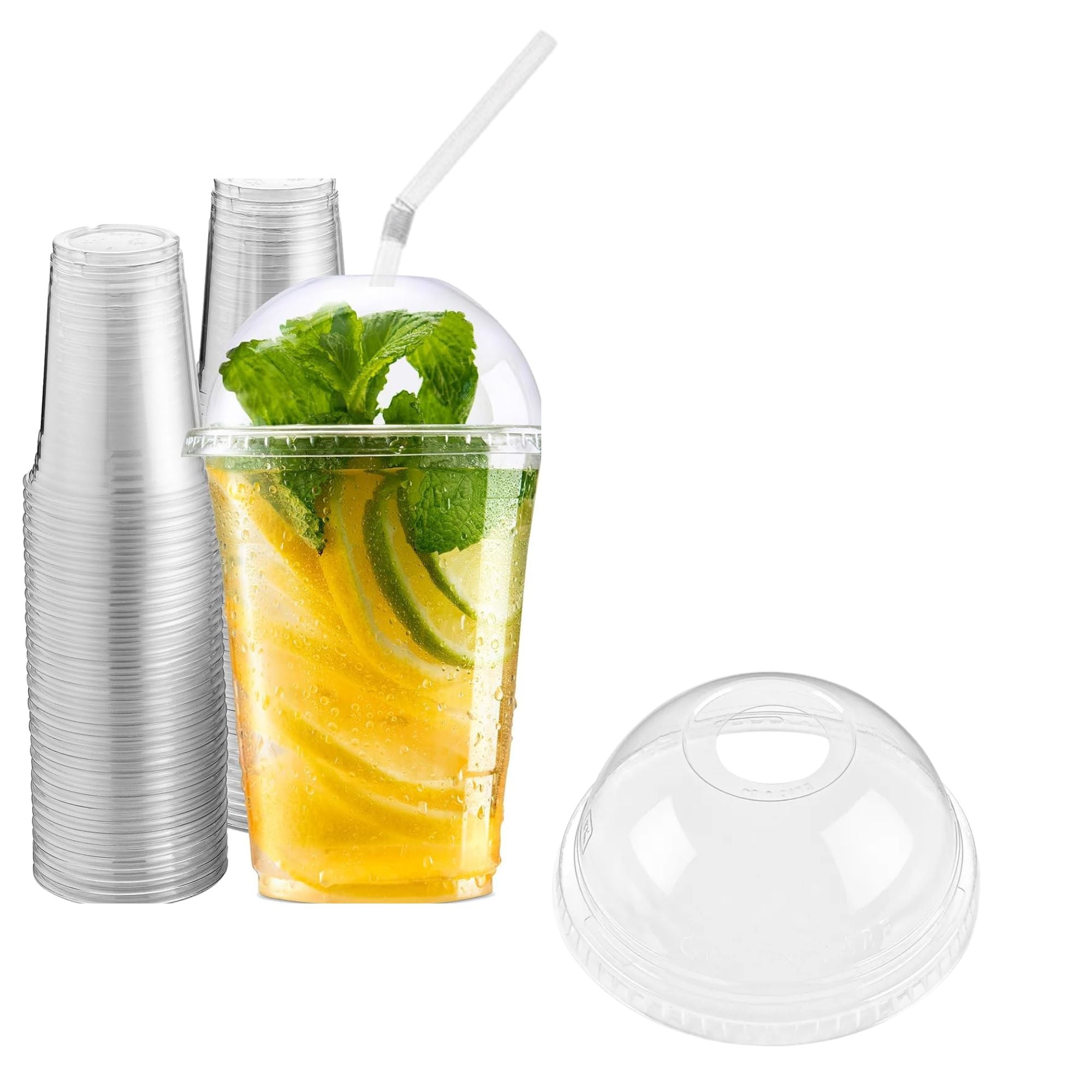 16oz Clear PET Plastic Cups with Dome Lid & Straw