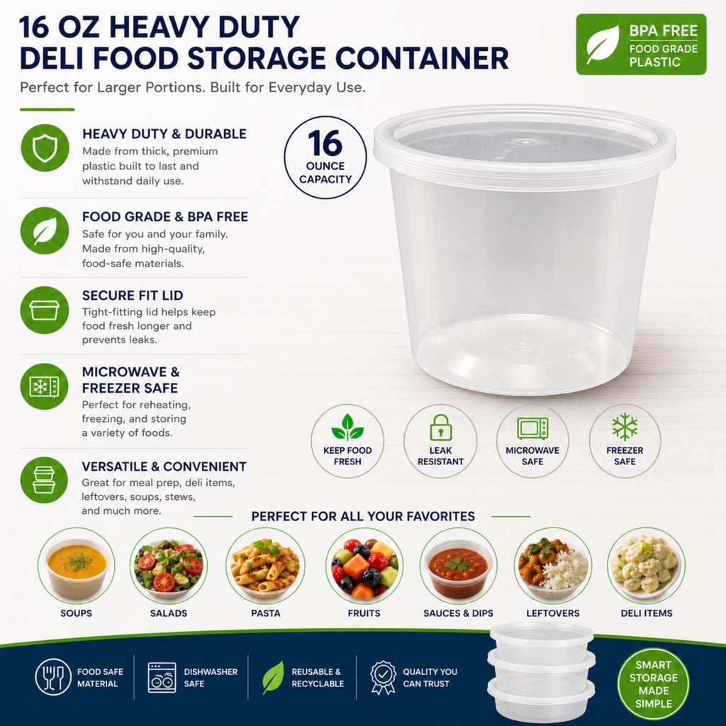 *BUY BULK* 16oz Containers with Lids Heavy Duty Plastic Deli Food Storage