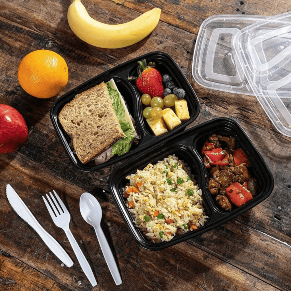 *WHOLESALE* 30oz Plastic Black Rectangular 2 Compartment Containers w/ lids 150/Case