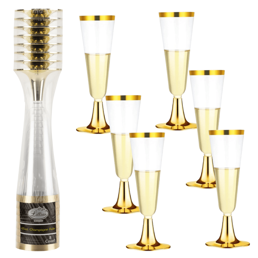 4.5oz Champagne Flutes With Gold Rim Plastic Disposable