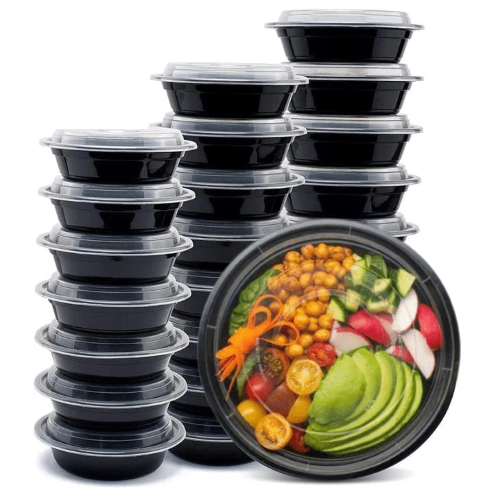 *BUY BULK* 24oz Black Meal Plastic Prep/ Bento Box Disposable Round Container with Clear Lid