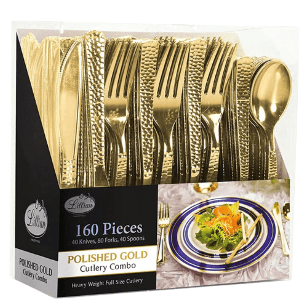 Lilian  Cutlery Hammered  Heavyweight Gold Plastic 160 piece Combo Pack