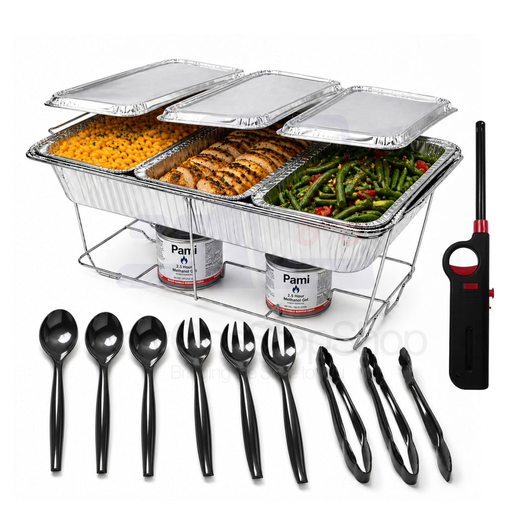 20 Piece Chafing Dish Buffet Set with 5LB Loaf Pans, Fuel & Utensils Disposable Catering Kit