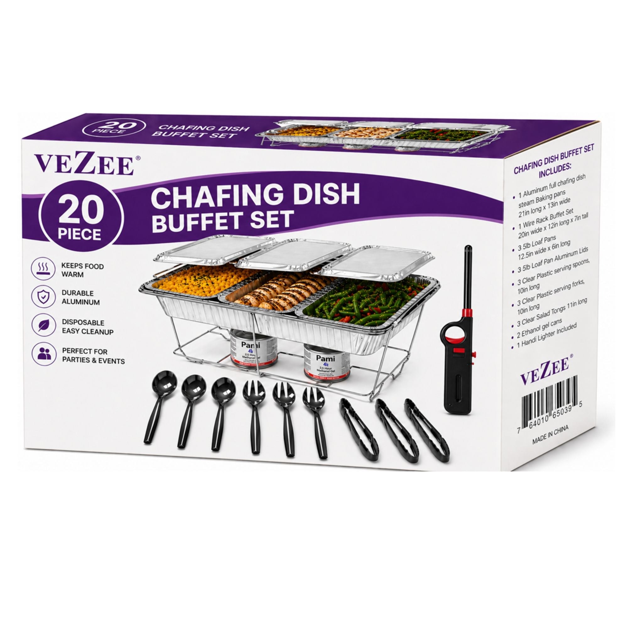 20 Piece Chafing Dish Buffet Set with 5LB Loaf Pans, Fuel & Utensils Disposable Catering Kit
