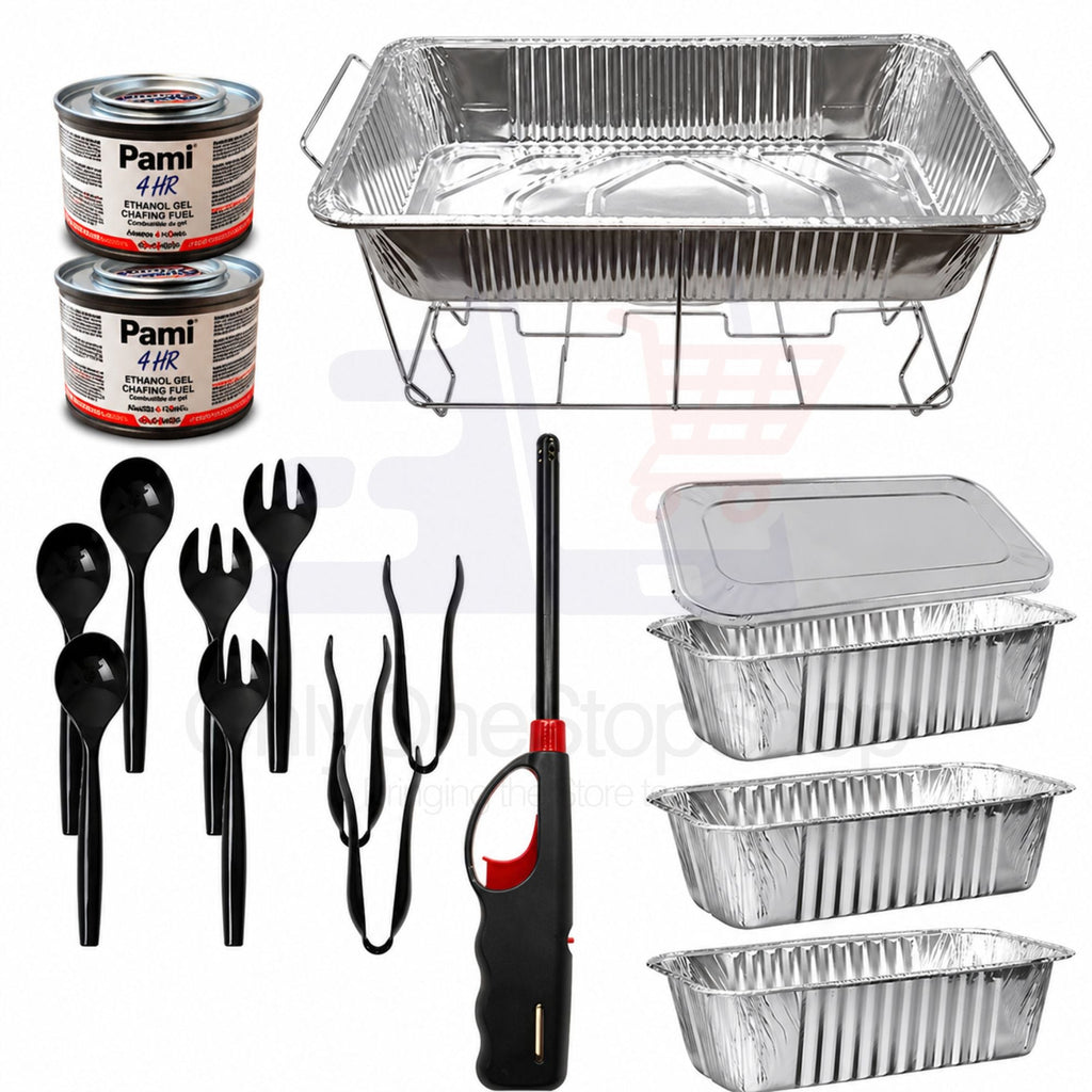 20 Piece Chafing Dish Buffet Set with 5LB Loaf Pans, Fuel & Utensils Disposable Catering Kit