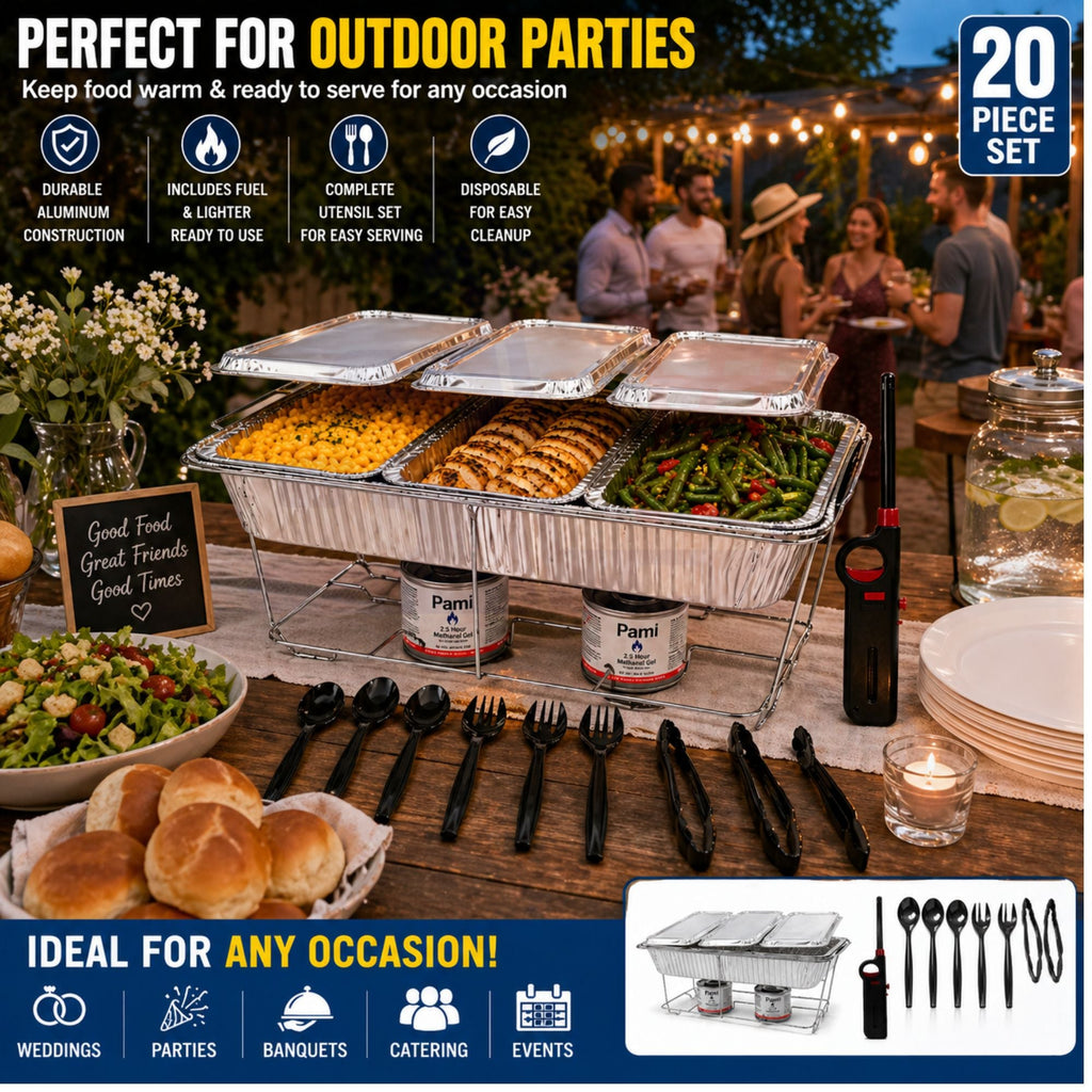 20 Piece Chafing Dish Buffet Set with 5LB Loaf Pans, Fuel & Utensils Disposable Catering Kit