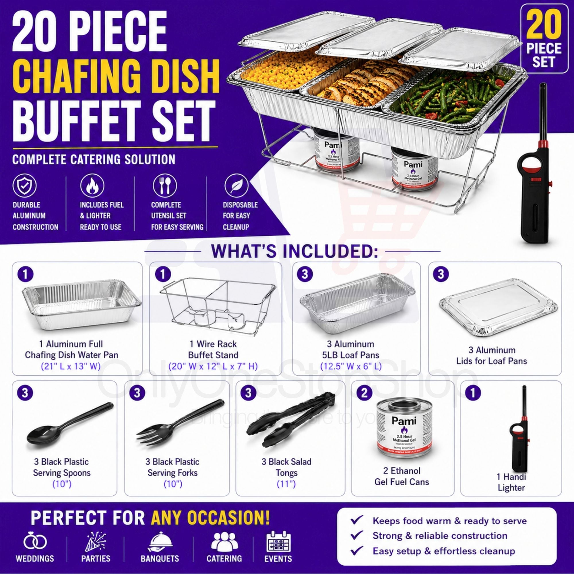 20 Piece Chafing Dish Buffet Set with 5LB Loaf Pans, Fuel & Utensils Disposable Catering Kit