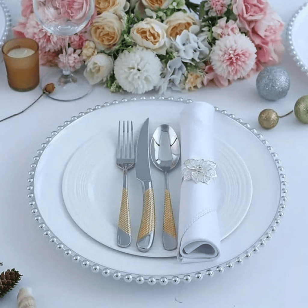 Beaded 10.25" White & Silver EXTRA Heavy weight Plastic Dinner Plates