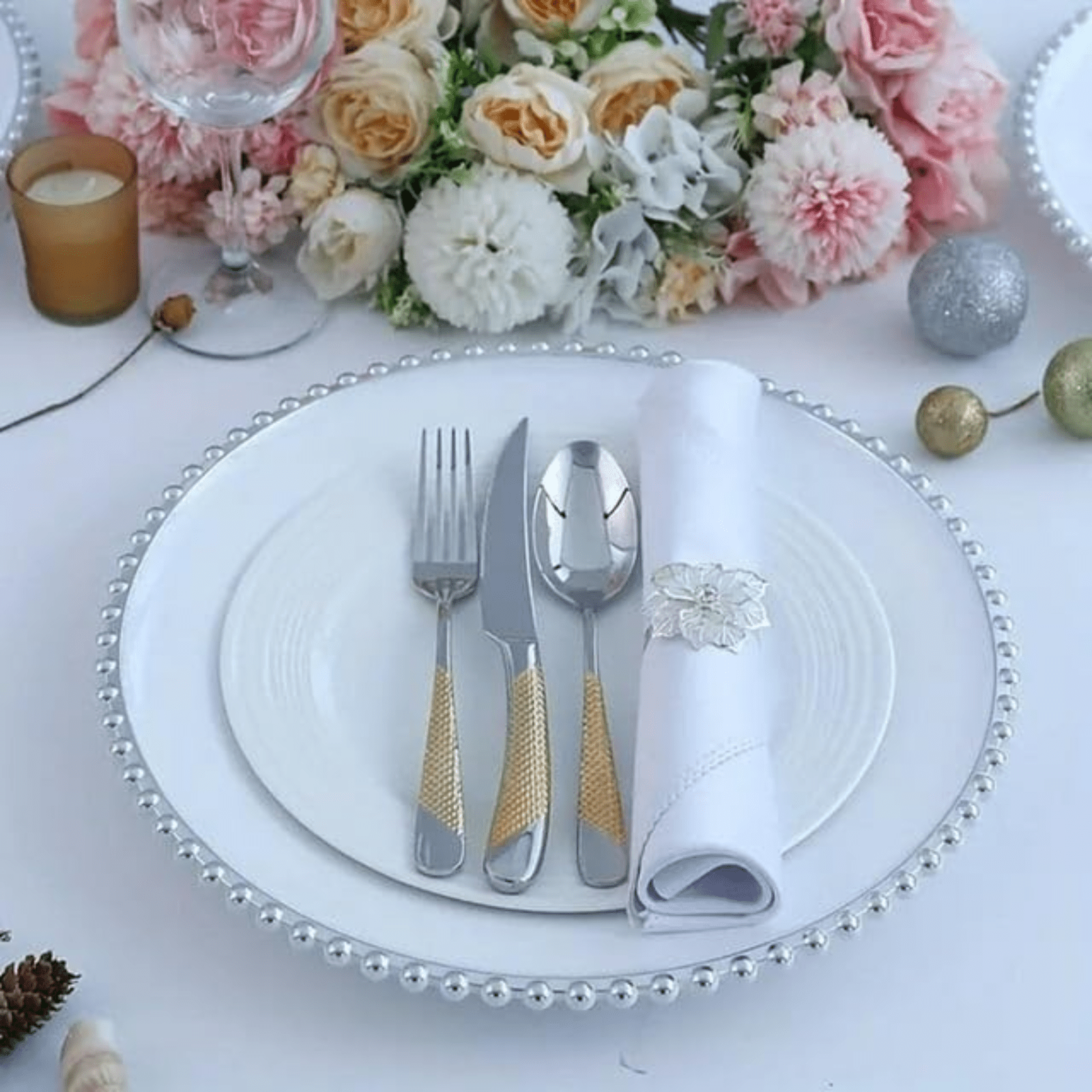 Beaded 7.5" White & Silver EXTRA HEAVY Weight Plastic Dessert Plates