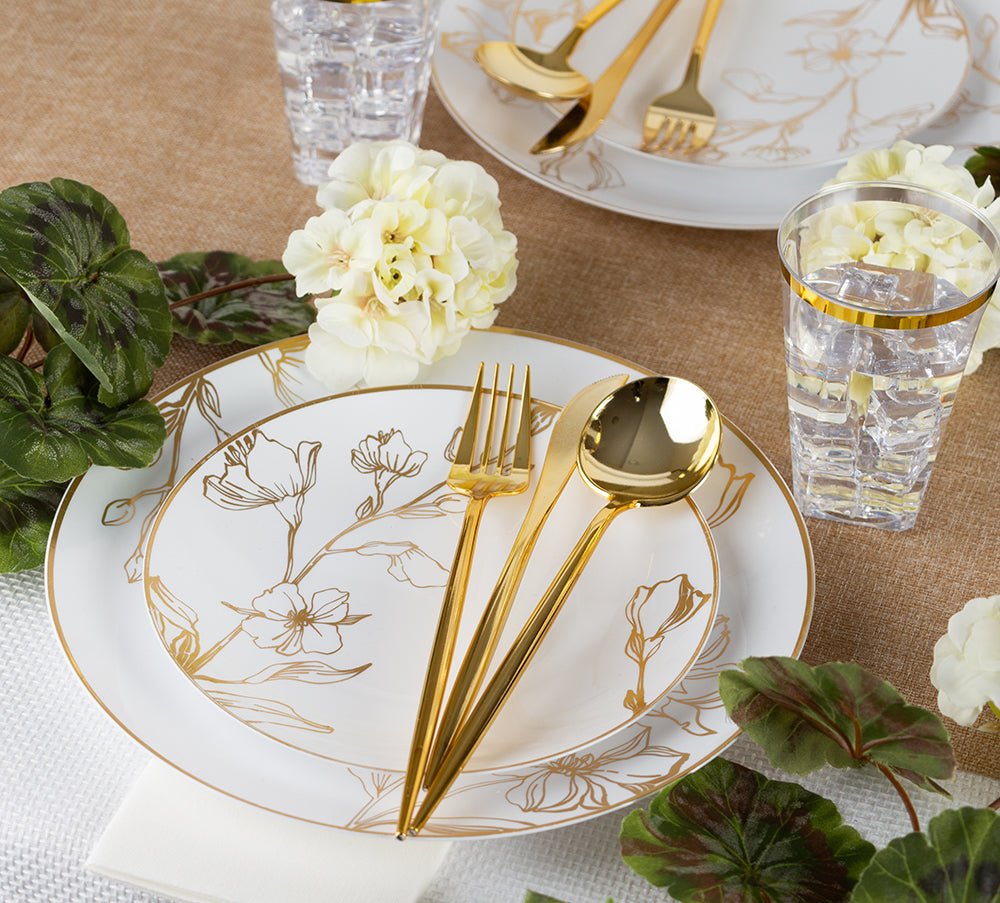 White & Gold Floral Plastic Dinnerware Set- Value Pack-Antique