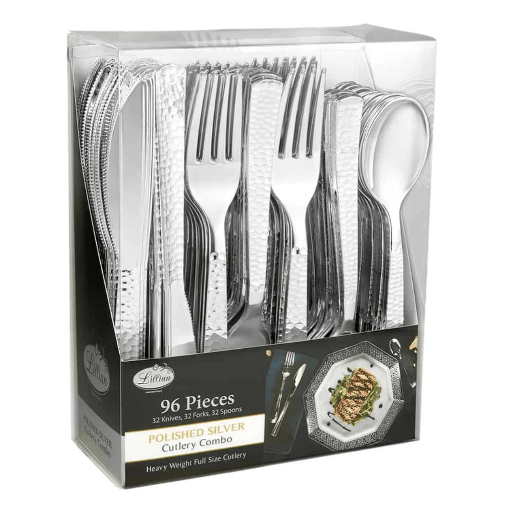 Lilian Cutlery Hammered Heavyweight Silver Plastic 96 piece Combo Pack