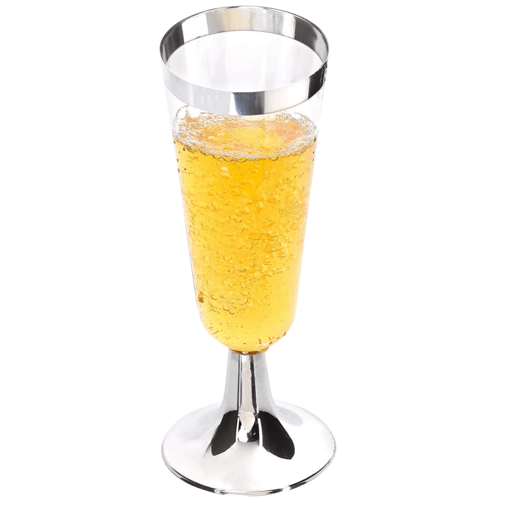 4.5oz Champagne Flutes With Silver Rim Plastic Disposable