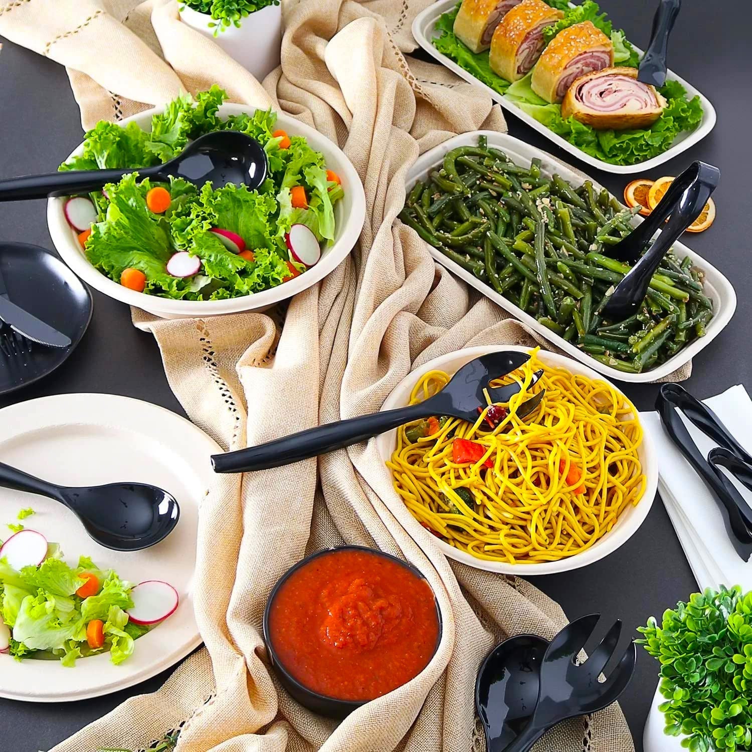 Plastic Serving Utensils, Heavy Duty Black Disposable, 18 piece Set