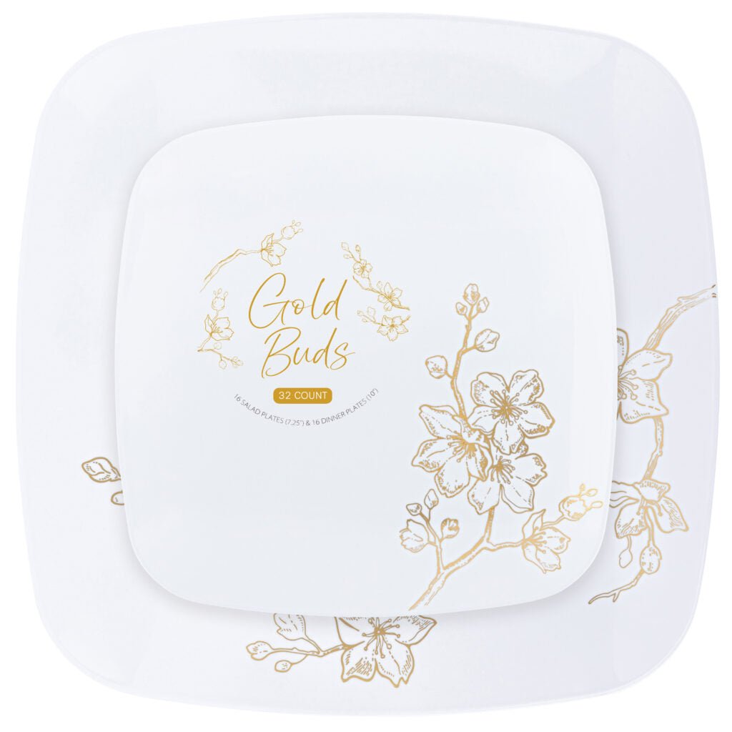 Gold Buds 10" White & Gold Square Plastic Disposable  Dinner Plate