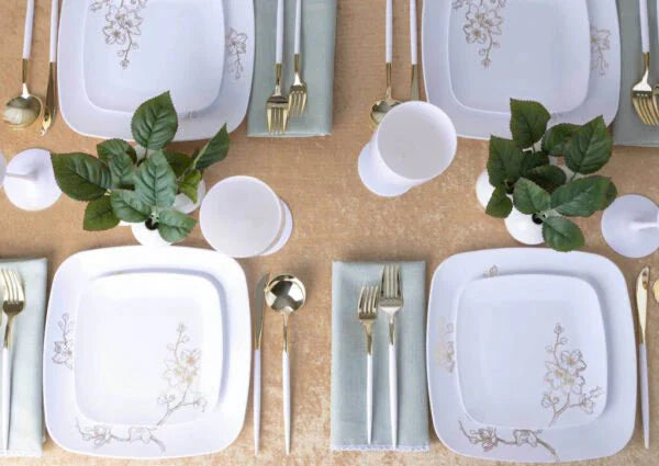 Gold Buds 10" White & Gold Square Plastic Disposable  Dinner Plate