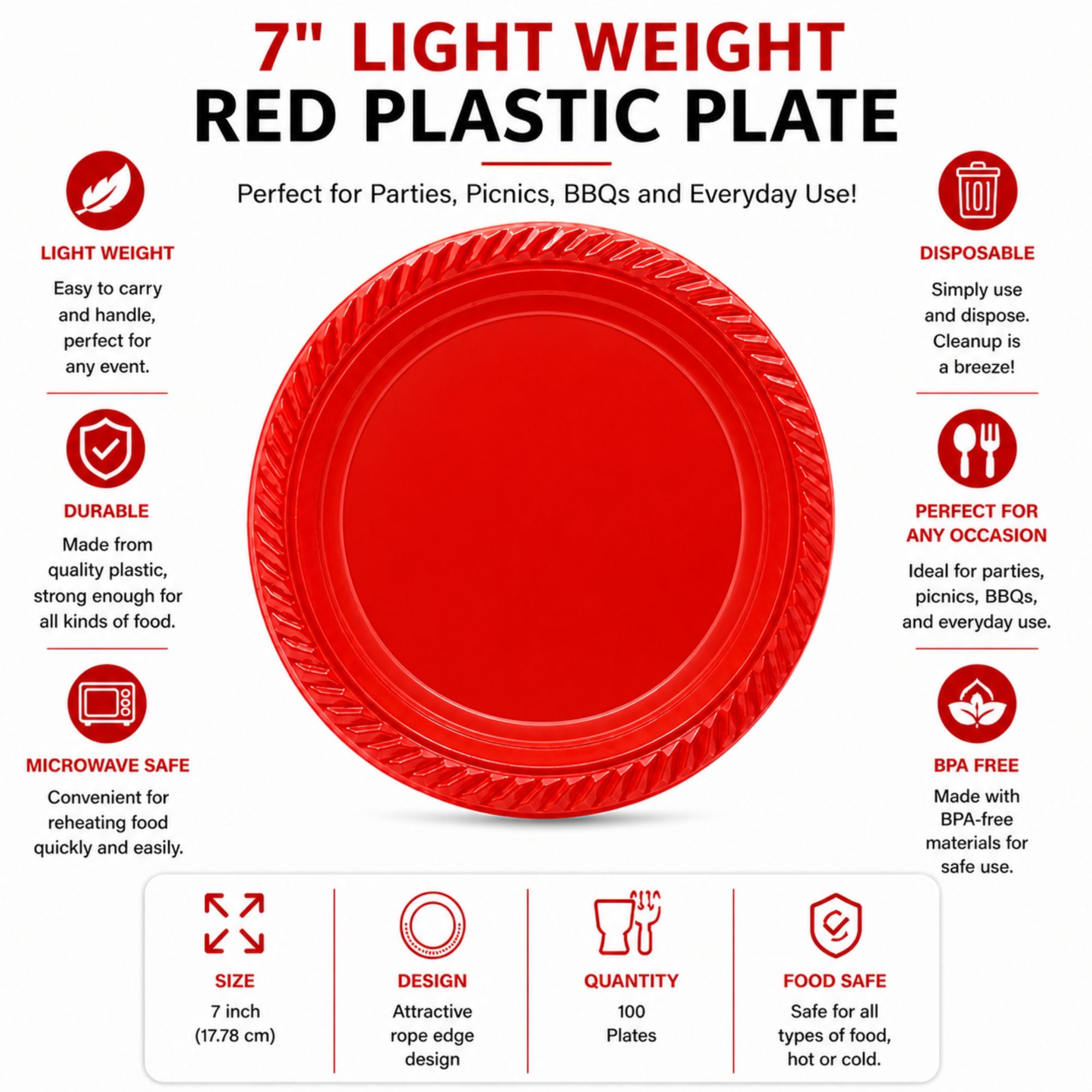 SALE  7" Light Weight Red Plastic plate 100 pieces