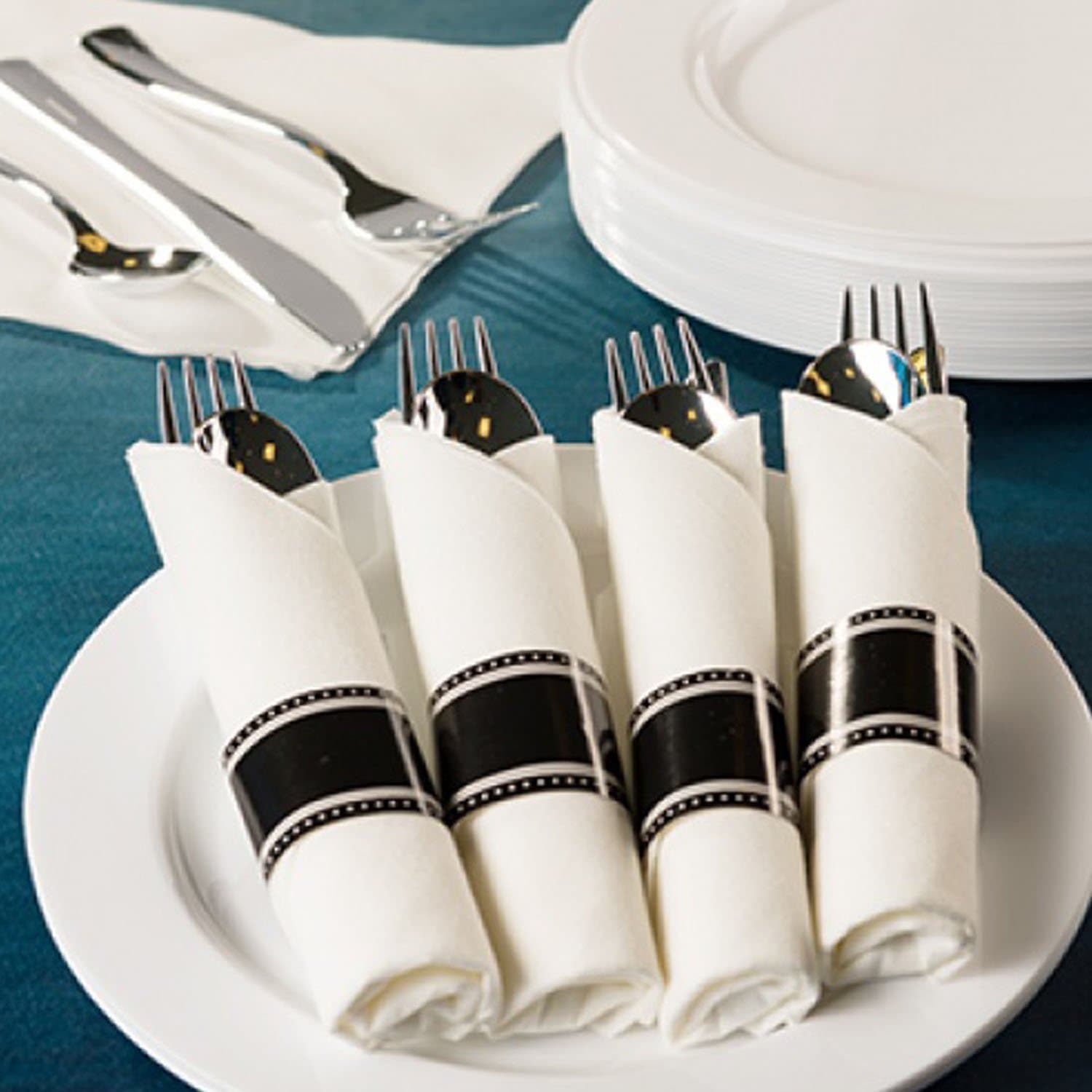 Pre-Rolled Black Cutlery Combo Spoon, Knife, Forks and Napkin Plastic