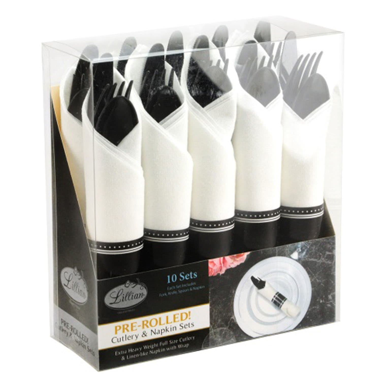 Pre-Rolled Black Cutlery Combo Spoon, Knife, Forks and Napkin Plastic