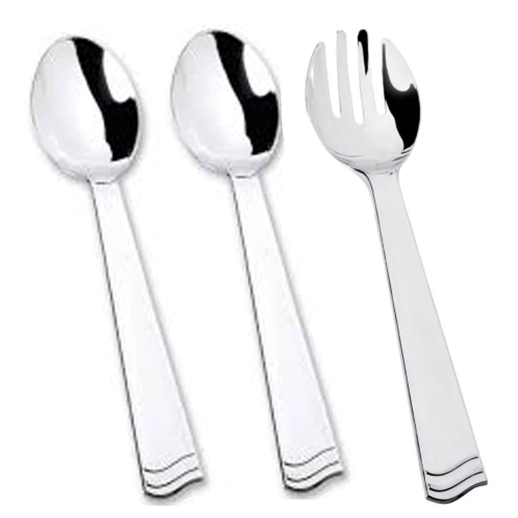 10" Serving Set two 2 spoons and one 1 fork Silver Plastic Flatware Sets Lillian 3 Pieces