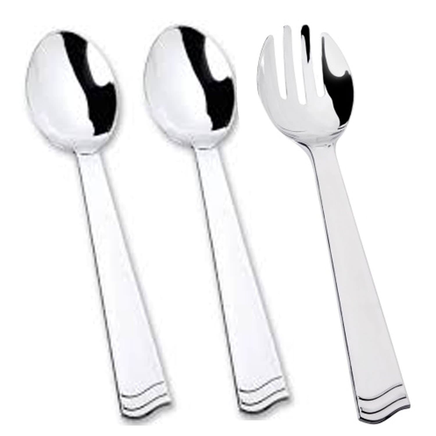 10" Serving Set two 2 spoons and one 1 fork Silver Plastic Flatware Sets Lillian 3 Pieces