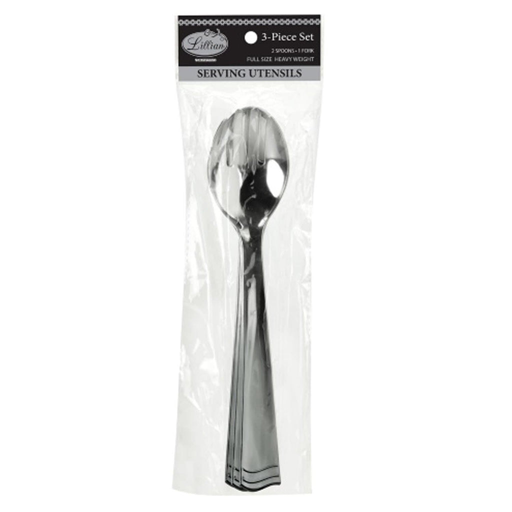 10" Serving Set two 2 spoons and one 1 fork Silver Plastic